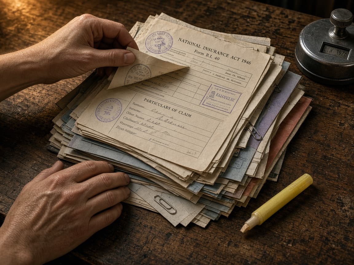 Hands sorting official papers, highlighter and stamps on a wooden desk.