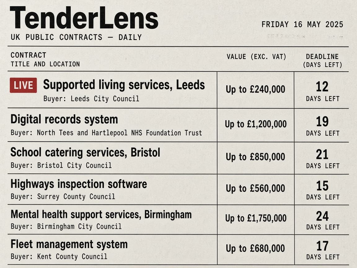 TenderLens contract list showing titles, buyers, values and deadlines.